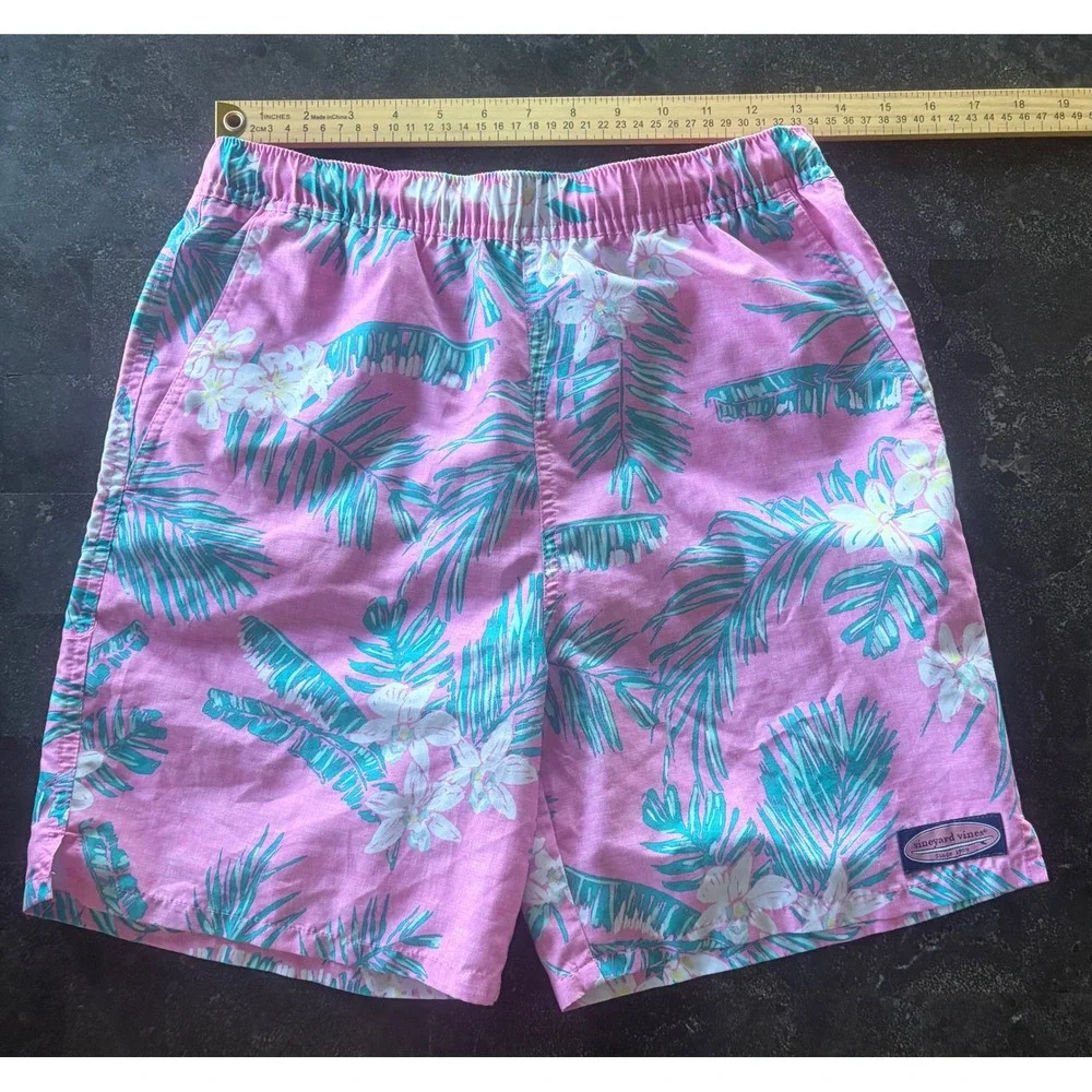 Vineyard Vines Mens Large Pink‎ Tropical Floral Palm Leaf Swim Trunks L 6.5